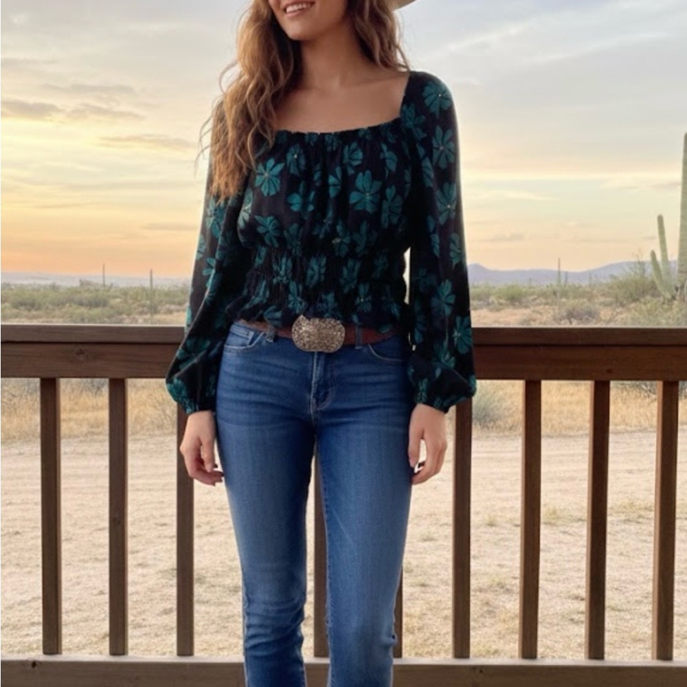 Bar III Black and Green Floral Blouse